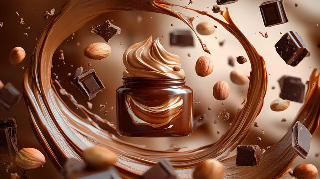 World Nutella Day Themed, Delicious chocolate spread with hazelnuts and chocolate pieces swirling around
