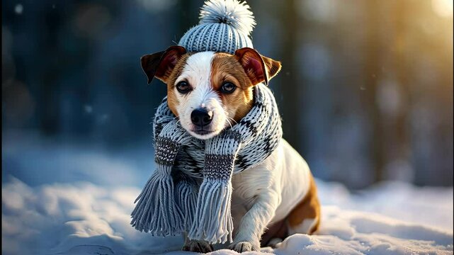 Adorable dog in a cozy winter scarf and hat enjoying a snowy day in the forest with soft sunlight illuminating the scene