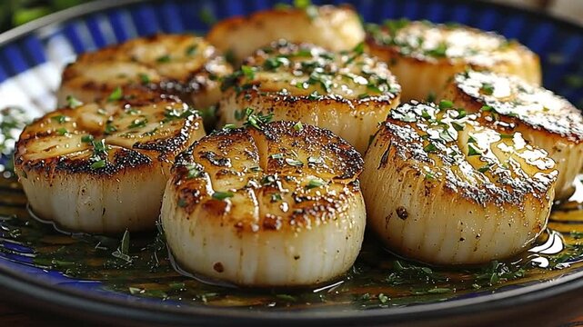 Grilled scallops garnished with herbs on a decorative plate.