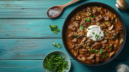Beef stroganoff with sour cream and mushrooms in pan