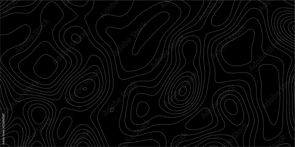 Poster abstract white on black background with topographic line map pattern. abstract wavy and curved lines