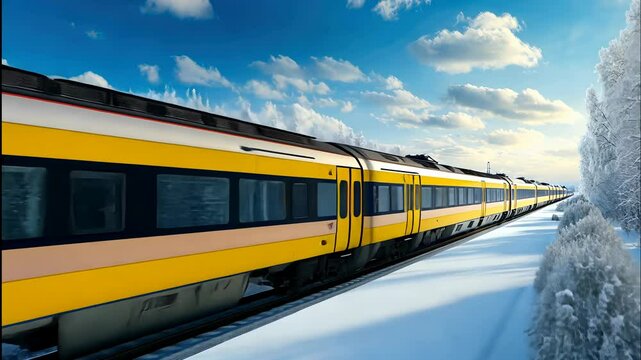 A stunning winter landscape featuring a bright yellow train gliding through snowy scenery on a clear day in the countryside
