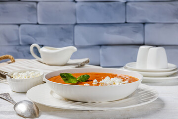 roast tomato soup in a bowl, top view