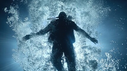 Diver ascends through bubbles in crystal clear water amidst a serene underwater environment during daylight hours