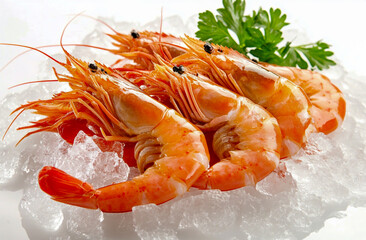 Fresh shrimp on ice displayed at a fish market, captured by a wide-angle lens and natural light
