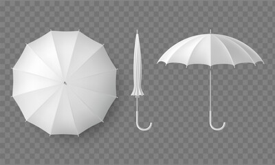 White umbrella mockups. Top and side views. Isolated on transparent background. Vector template © Key design