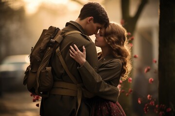 A romantic soldier farewell at sunset, with a soldier and his beloved sharing a heartfelt goodbye in a charming street adorned with blooming trees, capturing the essence of love and longing