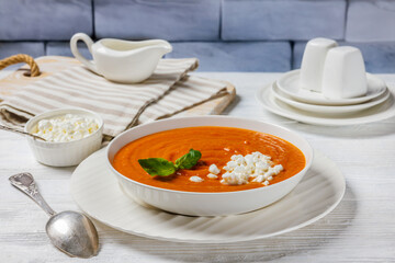 roast tomato soup in a bowl, top view