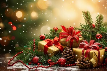 A beautifully arranged display of Christmas gifts with red ribbons, surrounded by festive decorations and greenery, capturing the warmth of the holiday season with soft bokeh lights in the background