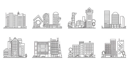Minimalist Outline Illustrations of Diverse Architectural Structures from Modern Skyscrapers to Classic Houses