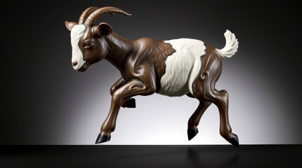 Obraz premium goat, dynamic pose, leaping, brown and white fur, horns, muscular, studio lighting, dark background, high contrast