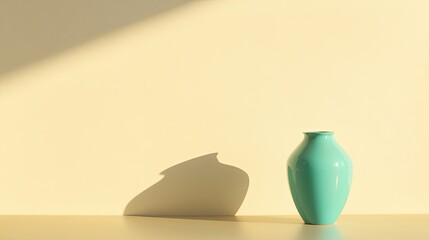 close-up photo of sleek coffee table with bold turquoise vase placed on its surface lit by ambient light in clean room