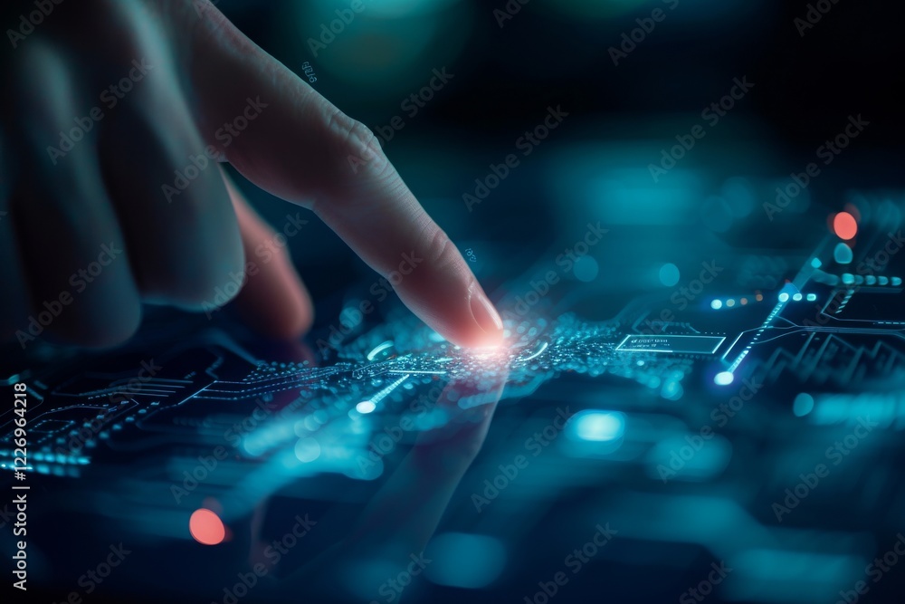 Poster a closeup of a human hand gently touching a glowing media interface displaying intricate circuitry i