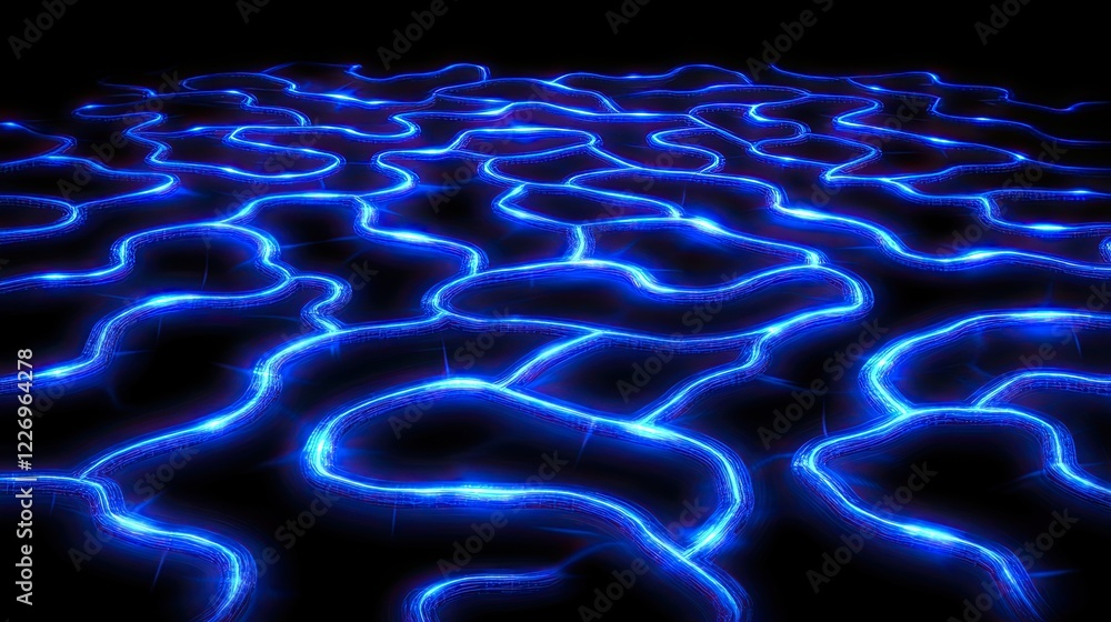 Wall mural Abstract Blue Neon Waves Pattern on a Dark Background Representing Energy and Motion