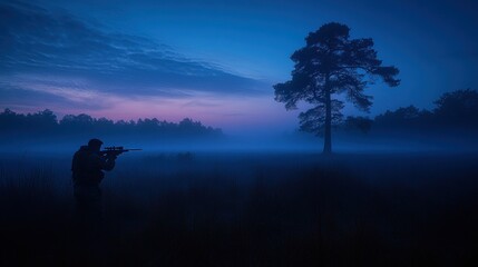 Soldier aiming rifle, dawn, foggy field, tree