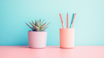 A pastel-themed workspace with a simple pen holder and a small succulent. picture