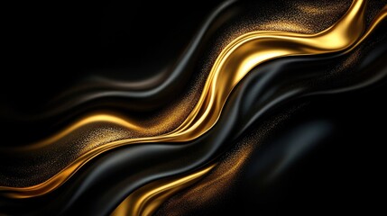 Abstract Gold and Black Fluid Waves with Sparkling Texture on Dark Background