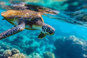 Fototapeta premium A Hawaiian Green Sea Turtle swims gracefully through clear turquoise waters, showcasing its beauty and movement in a vibrant coral reef environment