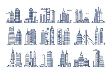 Fototapeta premium Minimalist Outline Illustrations of Diverse Architectural Structures from Modern Skyscrapers to Classic Houses