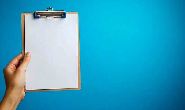 Image of a hand holding a blank clipboard with checkboxes on a blue background