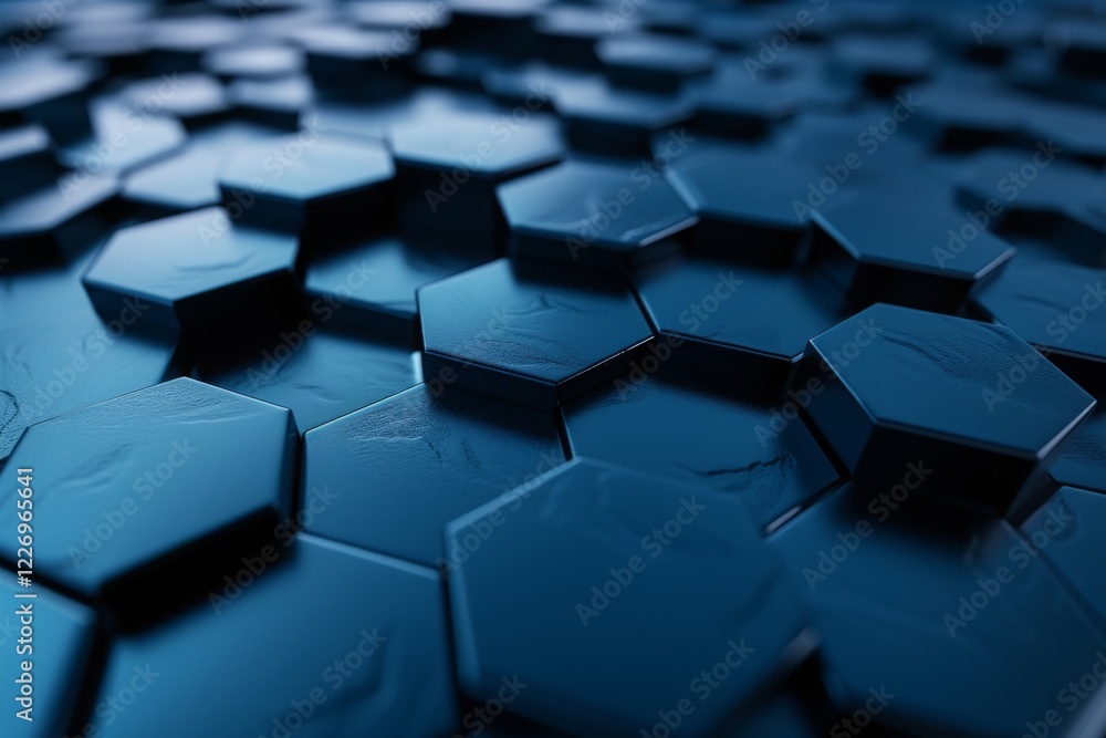 Poster an abstract hexagon background featuring dark blue and black digital patterns, creating a modern and