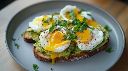 A plate of toast with avocado spread and poached eggs