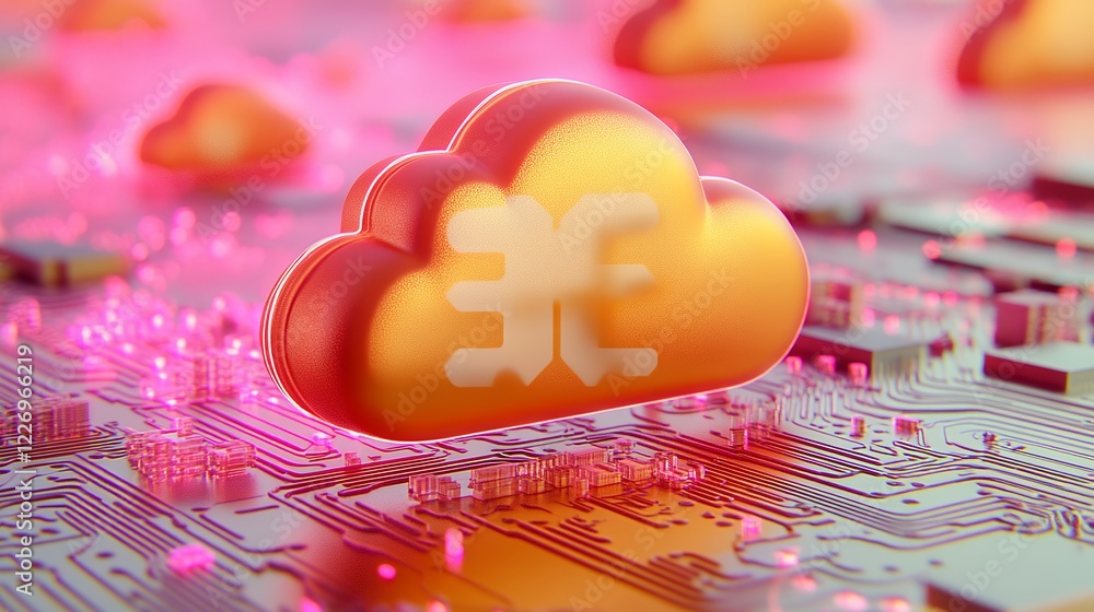 Poster abstract cloud computing icon on circuit board with pink and orange
