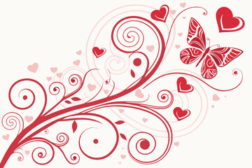 Romantic Floral Design: A swirling vine adorned with hearts and a delicate butterfly creates a romantic and whimsical design, perfect for Valentine's Day, wedding invitations.