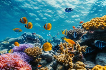 Obraz premium Explore the vibrant coral reef bustling with colorful tropical fish swimming among lush marine life in warm, clear waters, creating a stunning underwater paradise