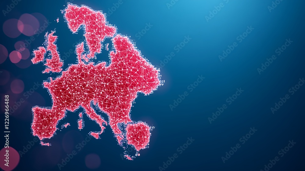 Poster abstract glowing map of europe red particle design on blue background