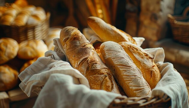 Primo piano di un cesto di pane misto appena sfornato. Baguette dorate, pagnotte croccanti e panini morbidi, il tutto avvolto in un panno di lino. Sfondo sfocato di una cucina rustica