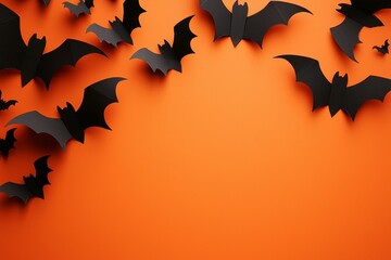 Fototapeta premium Halloween holiday concept: Decorations featuring bats and ghosts on an orange background. A mockup of a Halloween party greeting card with space for text. Flat lay, top view, overhead.