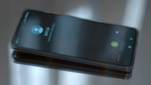 On a glossy surface lies a modern smartphone, to which a call is received, and a man's hand takes it to answer the call. Closeup. Macro. Shallow depth of field. Shot in motion