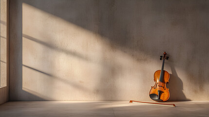 Glowing Violin and Bow in a Dark Minimalist Gallery with Ethereal Energy