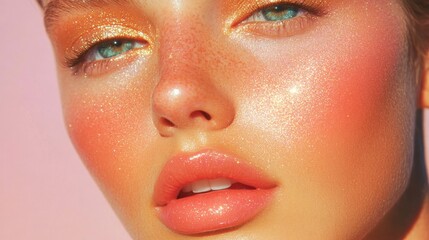 gradient pink-to-orange lip gloss paired with glowing skin and light dusting of gold shimmer eyeshadow