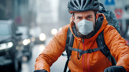 Cyclist wearing antipollution mask riding through urban streets city action photography rainy weather close-up environmental awareness