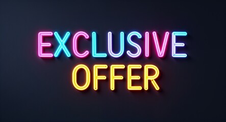 exclusive offer word lettering colorful neon glowing text on plain black dark background