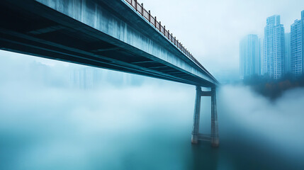 Fototapeta premium Mysterious bridge disappearing into heavy fog urban landscape photography ethereal environment wide angle view visual storytelling