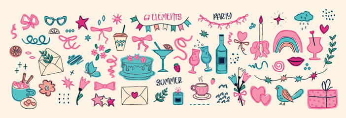 Abstract elements for parties in the doodle style. invitations, bright banner about summer, postcard, invitation, plant, cocktails in a minimalist style. modern, isolated icons: bow, cocktail, dessert