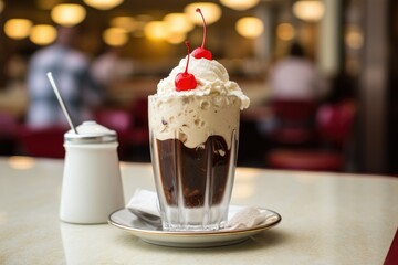 Enjoying a classic root beer float topped with whipped cream and cherries at a nostalgic diner during a cozy afternoon