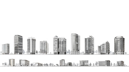 Fototapeta premium Minimalist Outline Illustrations of Diverse Architectural Structures from Modern Skyscrapers to Classic Houses
