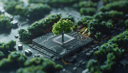 Microchip da cui emergono alberi simbolici, concetto di connessione tra sostenibilità ambientale e industria tecnologica