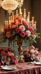 Obraz premium Elegant floral centerpiece with pink roses and candles in a luxurious dining setting