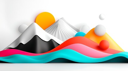 Naklejka premium Abstract Colorful Landscape with Geometric Mountains and Spheres