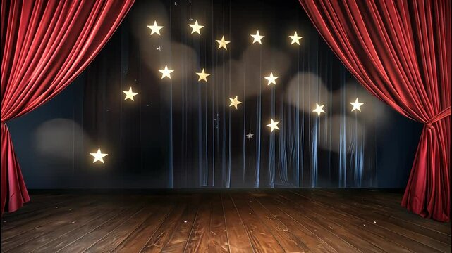 Glimmering stars illuminate a grand stage draped in velvet, capturing the magic of live performance in a historic theater setting