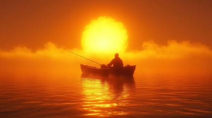 Obraz premium Solitary fisherman sunset boat foggy lake peace