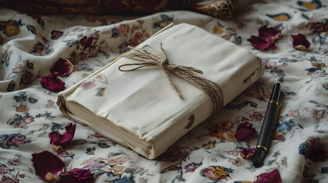 detailed junk journal spread with pockets, tuck spots, and layered vintage elements, including old-fashioned script, delicate lace, and faded botanical prints, creating a timeless, elegant aesthetic 