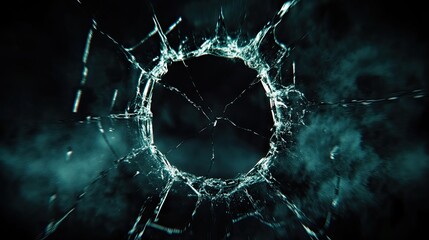 Dramatic Broken Glass Effect Creating A Circular Hole With Dark Background And Light Reflections