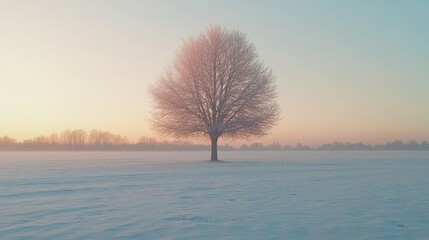 Solitary Frost-Covered Tree in Snowy Field at Sunrise