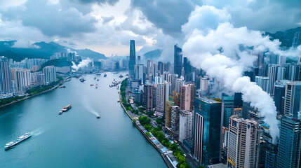 Obraz premium Industrial chimneys emitting smoke over urban landscape city riverfront aerial photography cloudy sky environmental impact